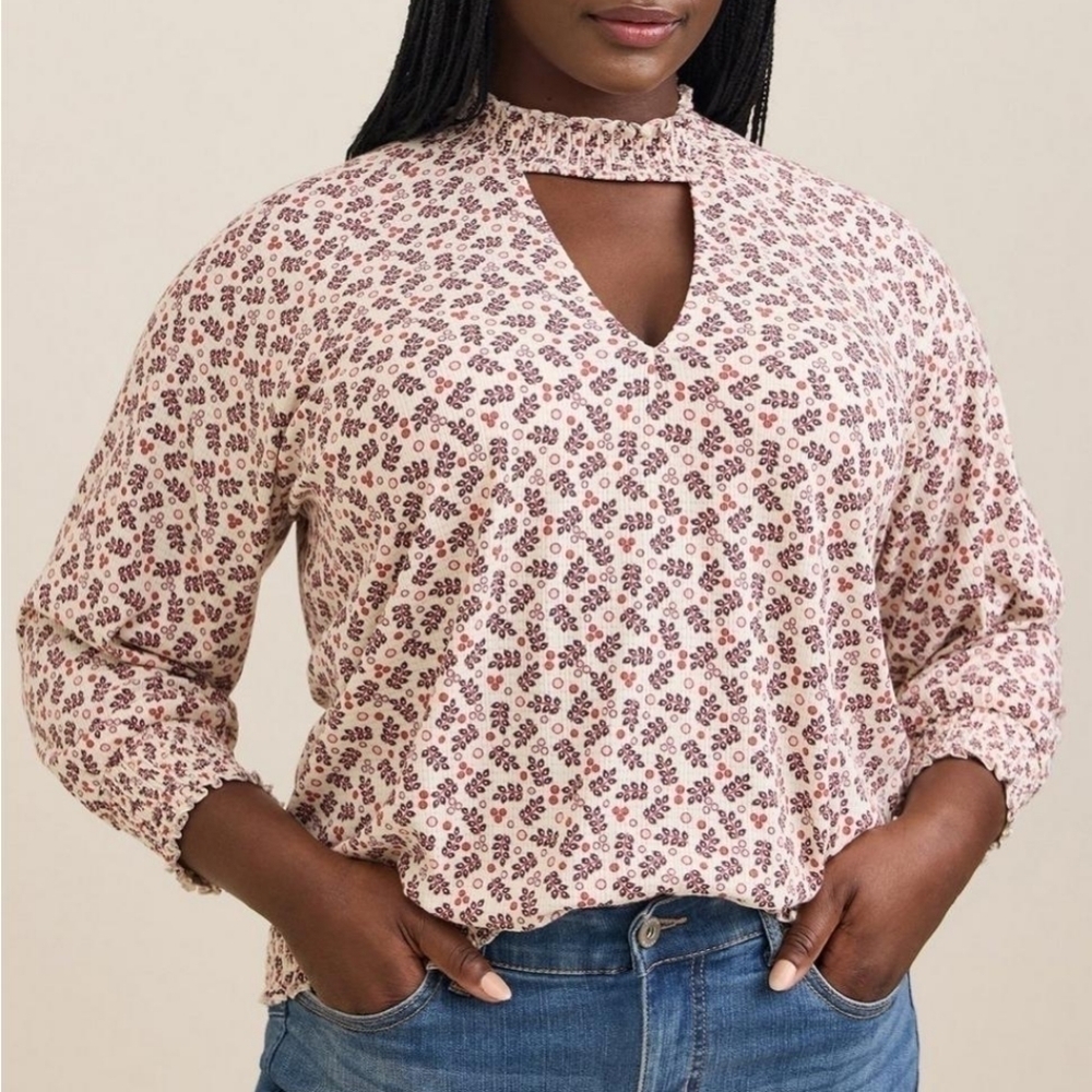 Torrid Multicolor Textured Jersey Choker Neck Smocked Bottom Top Colorful